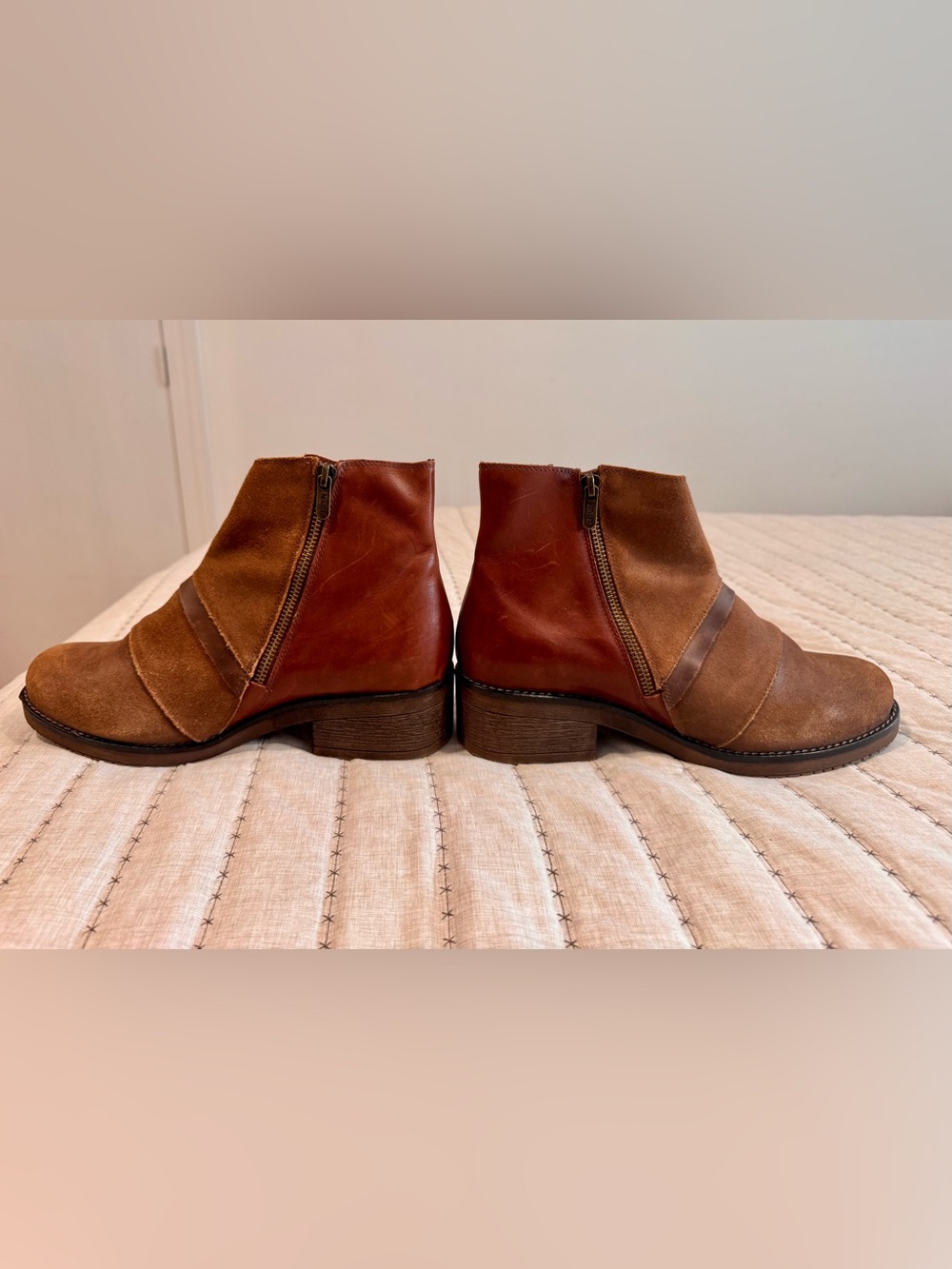 Naot Two-Tone Brown Leather & Suede Ankle Booties with Side Zip